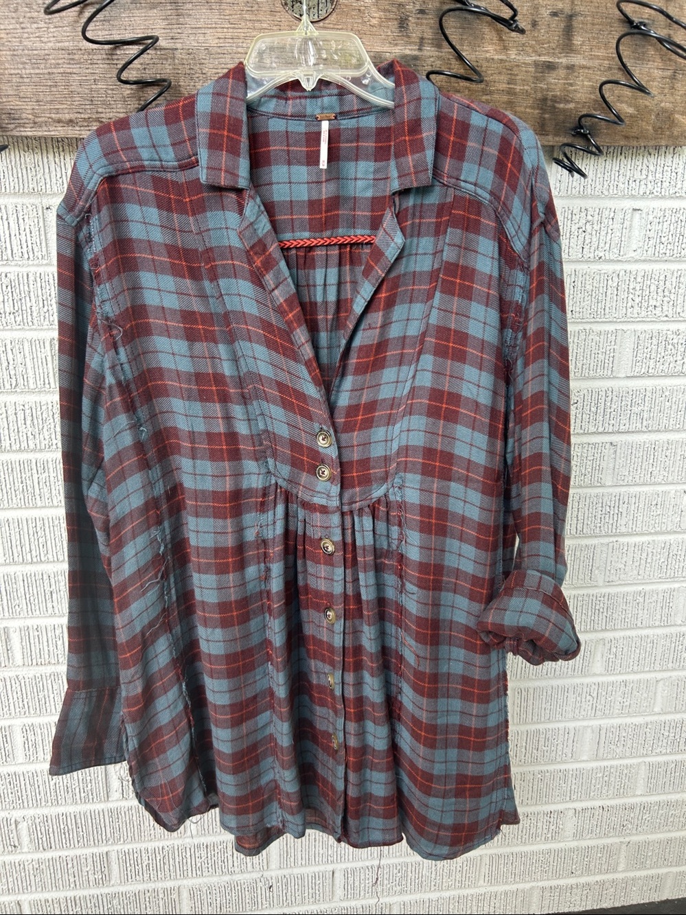 Free People All About The Feels Aubergine Plaid Wool Blend Top Sz Medium Women